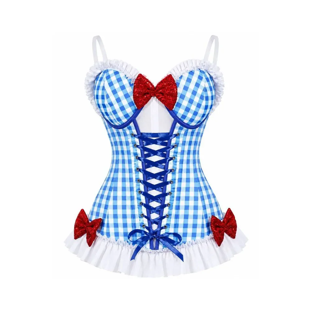 PRE-ORDER Lavish Blue Gingham w/Red Sequin Bows Stretch Lycra Bustier Corset wi